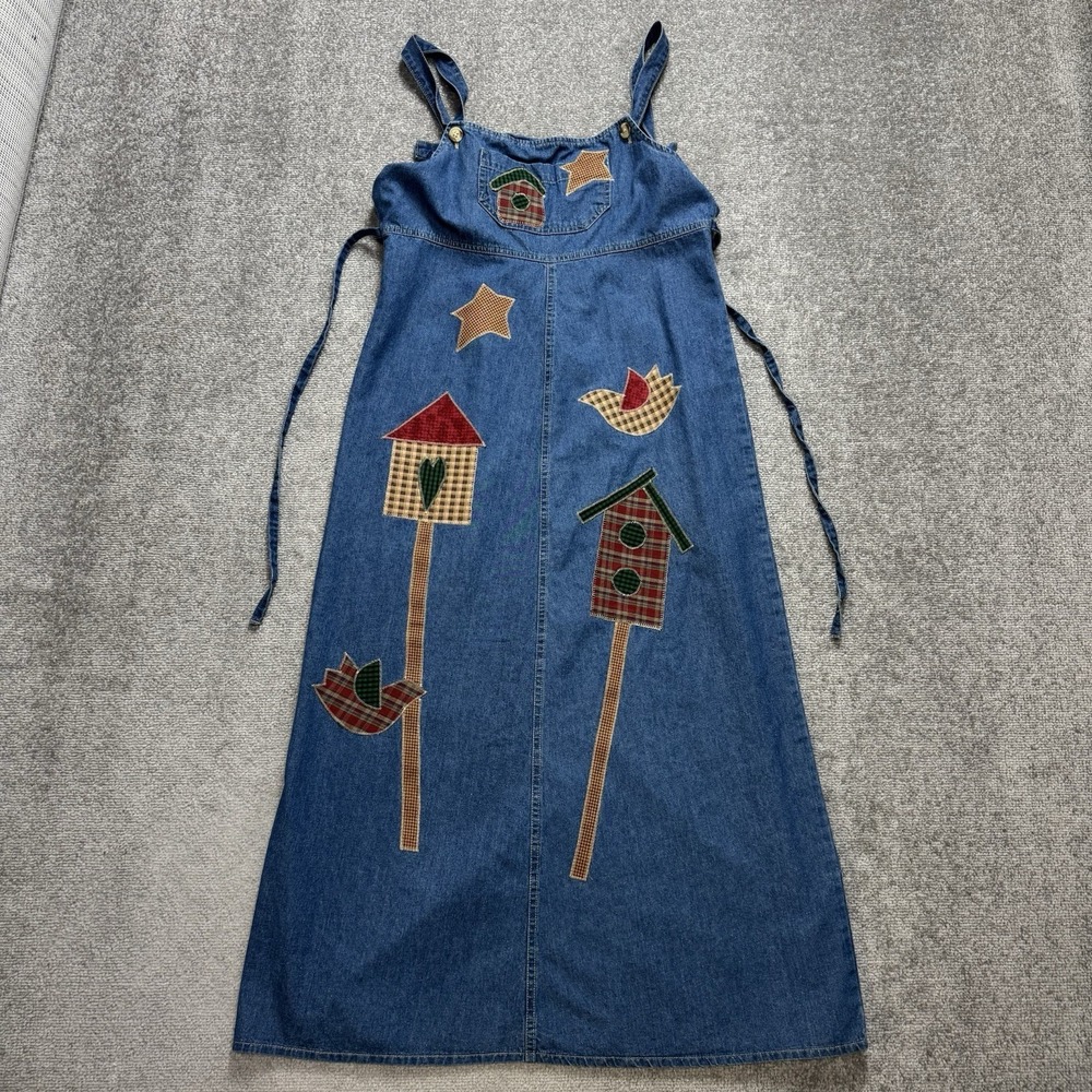 Vintage Patchwork Medium Dress Birdhouse 90's Long Denim Blue Primitive Teacher